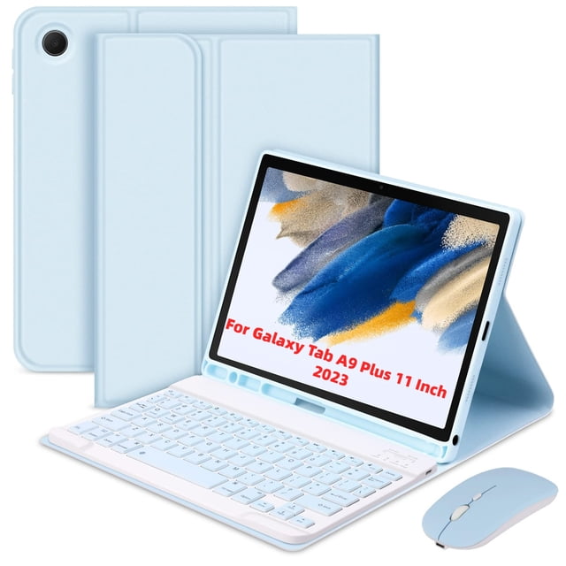 Mistaha Étui Détachable pour Tablette avec Ensemble Clavier et Souris Bluetooth - Étui de Protection avec Prise en Charge Stable et Fente pour Stylet pour Samsung Galaxy Tab A9/A9 Plus SM-X210/X216/X218 - Bleu Ciel