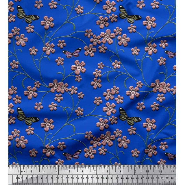 Soimoi Moss Georgette Fabric Insect,Leaves & Flower Floral Print Fabric by The Yard 42 Inch Wide