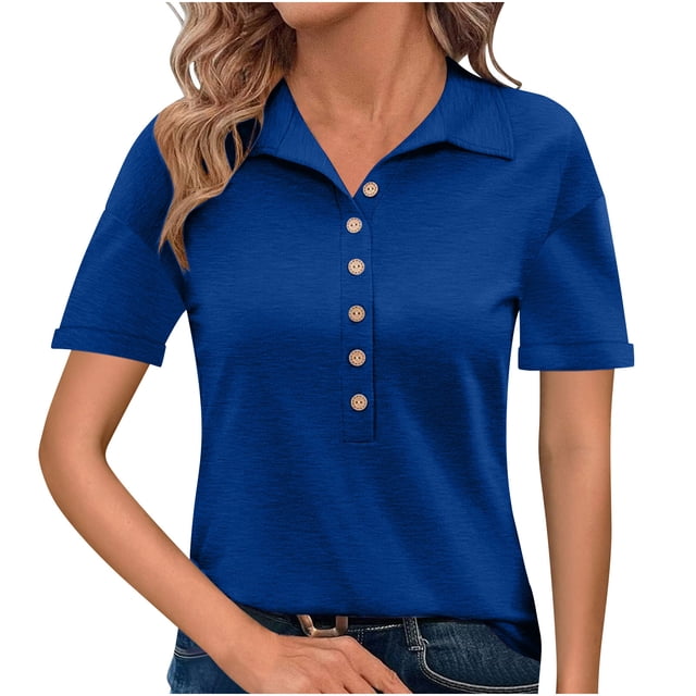 Besolor Womens Short Sleeve T Shirts Business Casual Collared Button up Tops Summer Office Work Blouses Tees