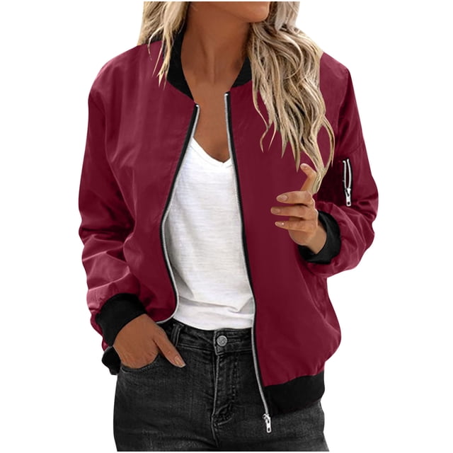 Womens Fashion Jacket Casual Stand Collar Zip Up Lightweight Coat Fall Color Block Jackets with Pockets Red XXL