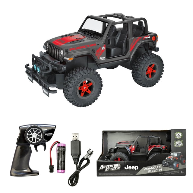 Adventure Force 1:16 Jeep Wrangler Rubicon Radiocommandé avec Conception Ouverte Noire et Rouge, Pneus Tout-Terrain Robustes avec Jantes Étoile Rouges, Émetteur de Poignée de Pistolet Pleine Fonction, Batterie Li-Ion rechargeable 3,7 V et Câble de Recharge Rapide USB, Illustré avec Boîte d'Emballage.