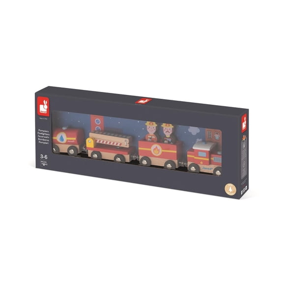 Janod - Story - Firefighter Train - Magnetic Engine and Wagons - 6 Pieces - Wood - Creative Imaginative Toy - Construction Game - For Toddlers - From 3 Years + - Multilingual - J08590.