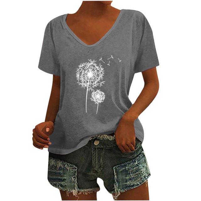 Hauts Grande Taille pour Femmes Mode Décontractée Imprimée Manches Courtes Tee-Shirt Ample Grande Taille Blouse Col en V Shorts Grande Taille pour Femmes
