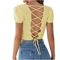 thumbnail image 4 of Square Neck Crop Tops for Women Short Sleeve Crochet Knit Going out Tops Basic Slim Cropped T Shirts, 4 of 4