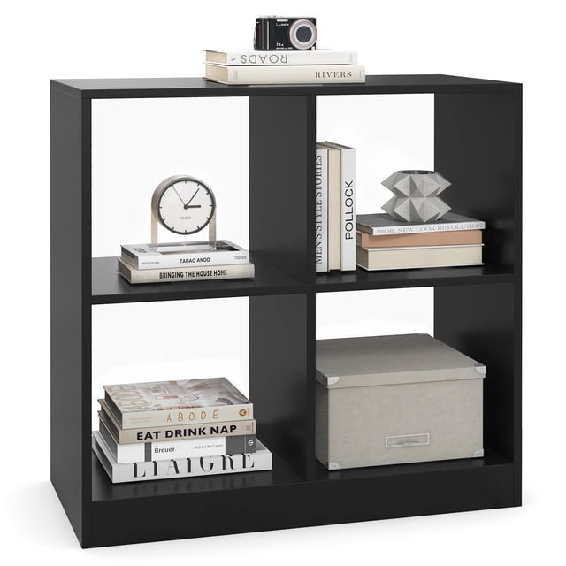 Giantex 4-Cube Bookcase in black, a compact freestanding bookshelf with four open storage cubes and a wide top surface. Crafted from E0 engineered wood, it features anti-tipping kits for stability and protective foot pads to prevent floor scratches. Suitable for organizing books, decor, and small items in living rooms, bedrooms, or offices, this modern storage unit blends functionality with style.