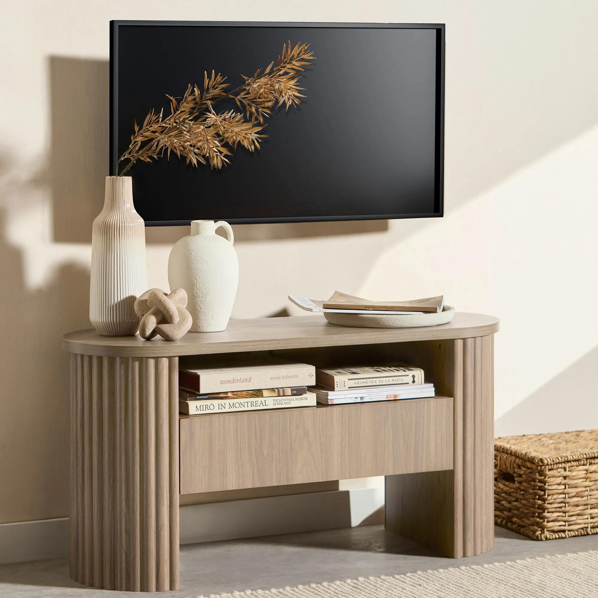 Bouclair Taupe Oak Wood Veneer Media Console TV Stand with Fluted Sides Drawer Living Room
