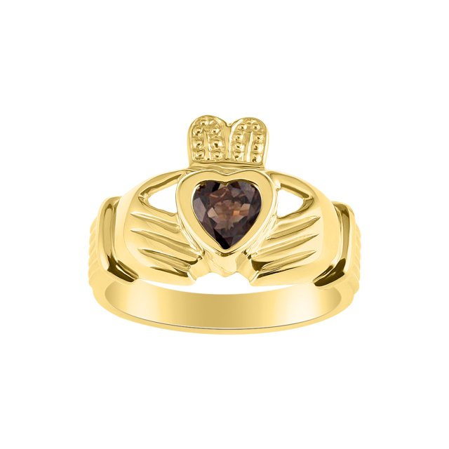 RYLOS Rings Gold Plated Silver Claddah Love, Loyalty & Friendship Heart 6MM Gem Irish Wedding Band Claddagh Rings June Smoky Quartz Jewelry Size 5