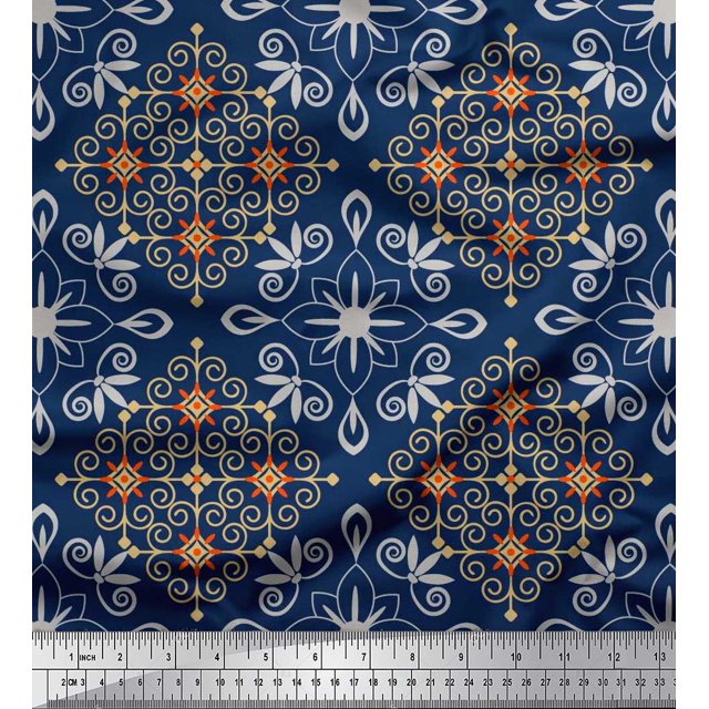 Soimoi polyester Crepe Fabric Filigree Damask Printed Fabric 1 Yard 42 Inch Wide