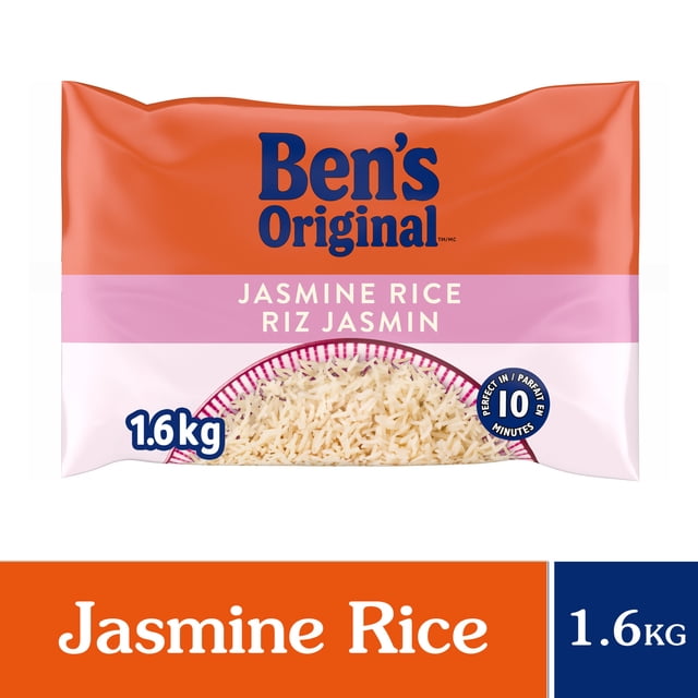 BEN'S ORIGINAL Jasmine Rice 1.6kg bag with orange and pink packaging featuring a bowl of cooked jasmine rice, highlighting its 10-minute cooking time and natural Thai origin, ideal for authentic Southeast Asian meals and versatile family recipes.