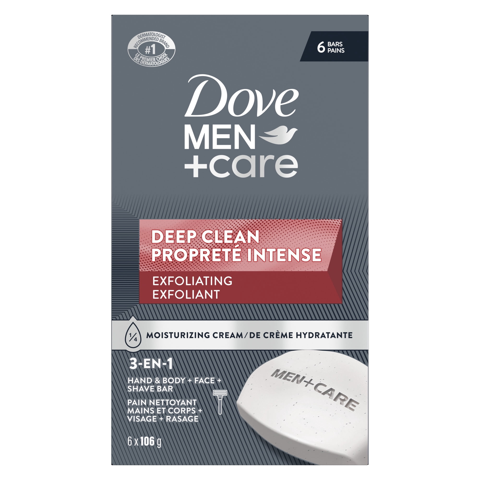 Dove 3-N-1 Hand & Body + Face + Shave Bar Deep Clean Exfoliating, 106 g (6 bars)