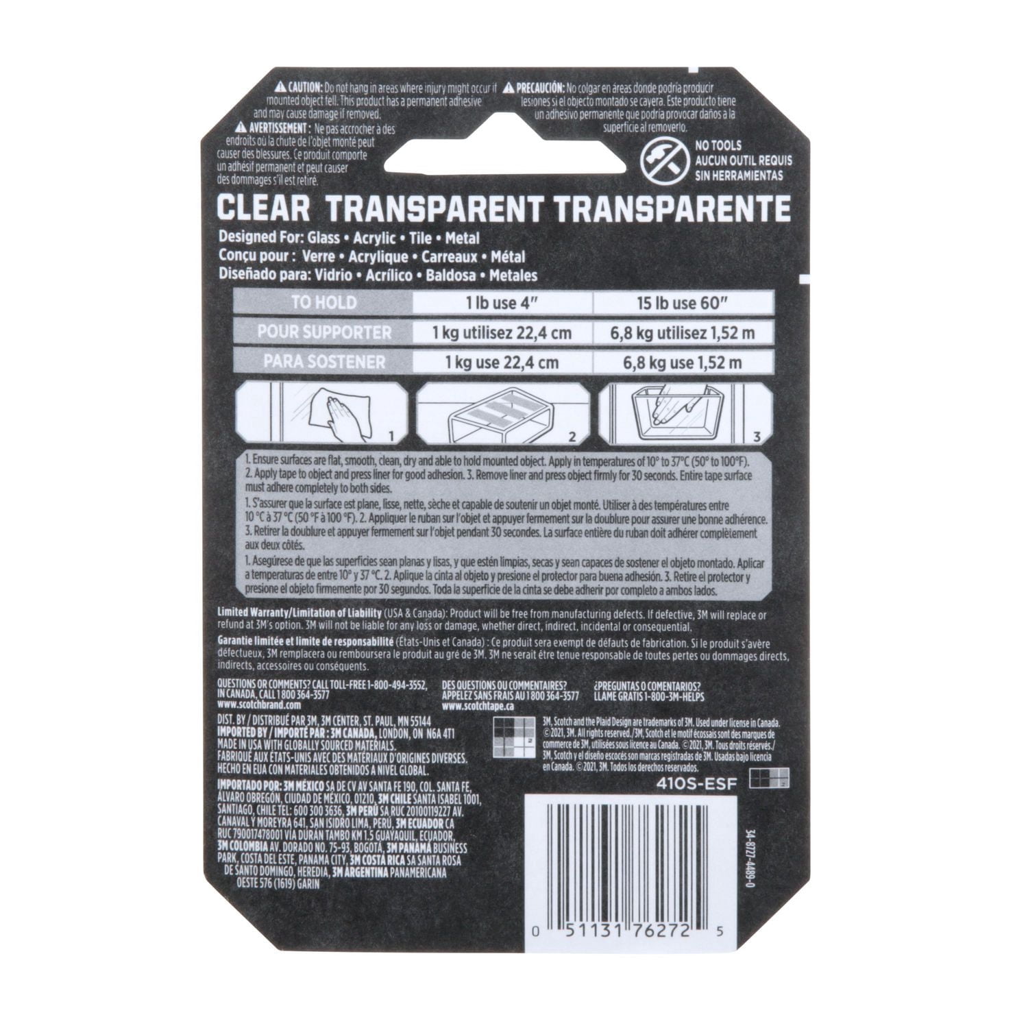 Scotch® Clear Double-Sided Mounting Tape 410S-ESF, 1 in x 60 in (2.54 cm x 1.52 m)