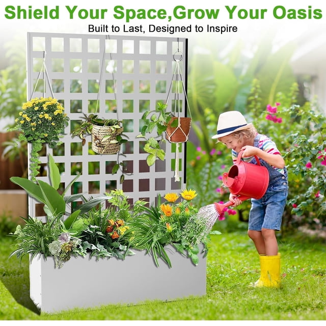 Edtara Raised Metal Garden Box With Horizontal Grid Trellis, Built-In Privacy Screen and Drainage Holes, Ideal Planter for Outdoor Climbing Flowers, Vegetables and Vines