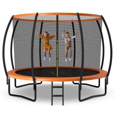 Patiojoy Trampoline 10 Pi Trampoline Récréatif Approuvé avec Échelle, Enceinte, Coussin de Sécurité et Cadre en Acier Galvanisé Antirouille Orange
