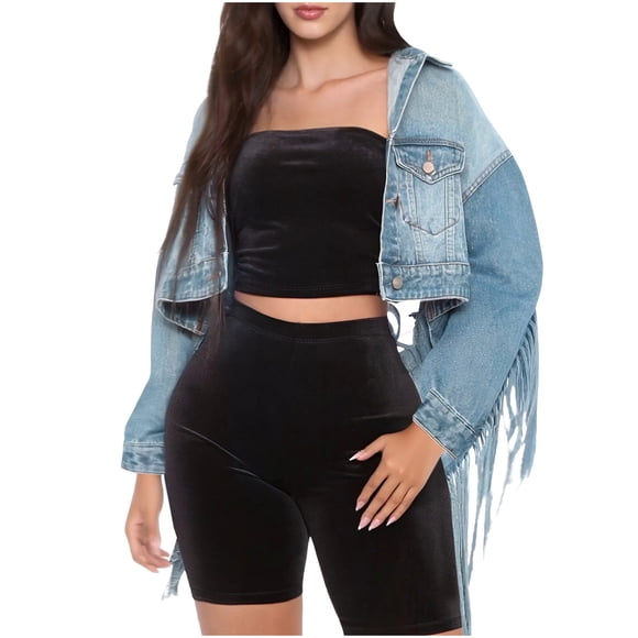 Mceream 2025 Denim Jacket for Women Long Sleeve Hollow Out Fringe Cropped Jean Jacket Plus Size Chamarra De Mezclilla Para Mujer Blue S