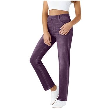 Ltctricy Jeans for Women High Waisted Pull on Slim Straight Leg Business Casual Work Pants Trendy Office Trousers with Pockets(Purple,XX-Large)