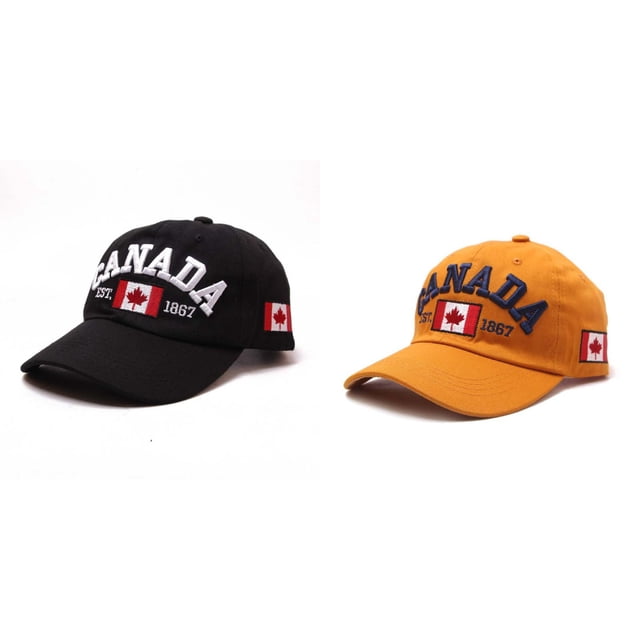 (2-Pack) Kcodviy Canada Baseball Cap Canada Baseball Caps for Men Adjustable Day Embroidered Maple Leaf Baseball Caps for Men Adjustable Mesh Flag Adjustable Hat. The image shows two caps, one in black and the other in mustard yellow, both featuring 'Canada' embroidered in bold letters, a maple leaf flag patch, and the text 'Est. 1867.' These caps are made of lightweight cotton with breathable eyelets for ventilation, adjustable sizing for head circumferences of 54-59 cm, and a 7 cm brim. Suitable for Canada Day celebrations, outdoor activities, and casual wear.
