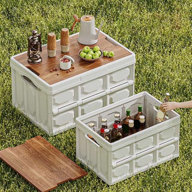 Meitianfacai Outdoor Camping Storage Box Folding Box Camping Organizing Box Car Trunk Storage Box Wooden Lid Clothing Storage Box 20L Capacity