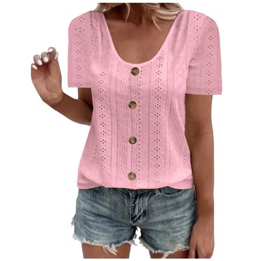 Meichang Chemises Boutonnées pour Femmes Grande Taille Unies Col Rond Manches Courtes T-Shirts Coupe Ample Chandails Blouses Chic Décontracté T-Shirts d'Été Vêtements de Travail Rose TTTTG