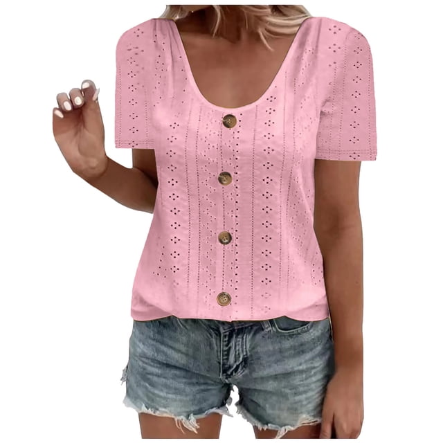 Plebaso Hauts d'Été pour Femmes Col Rond Manches Courtes T-Shirts Ajourés Décontractés Chemisiers à Boutons P-5TG