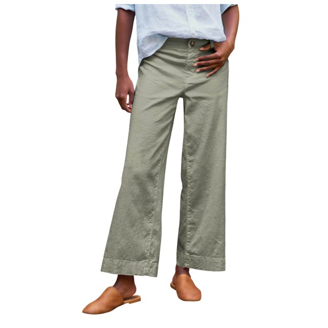 Women's Linen Pants - High Waisted Flare Wide Leg Capri Work Pants with Pockets