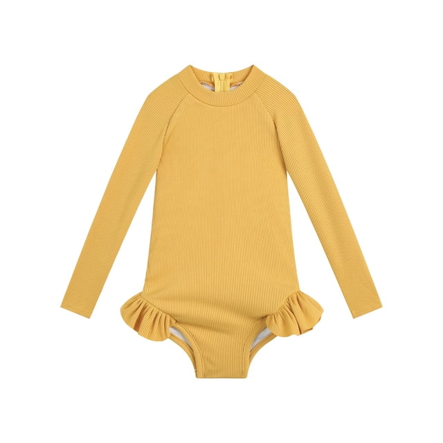 Yanlir Girls Long Sleeve Rash Guard Back Zipper Swimsuit in yellow for kids aged 18 months. This one-piece bathing suit features UPF 50+ sun protection, soft polyester material, and ruffled accents at the hips. Ideal for swimming, beach outings, or casual water activities.