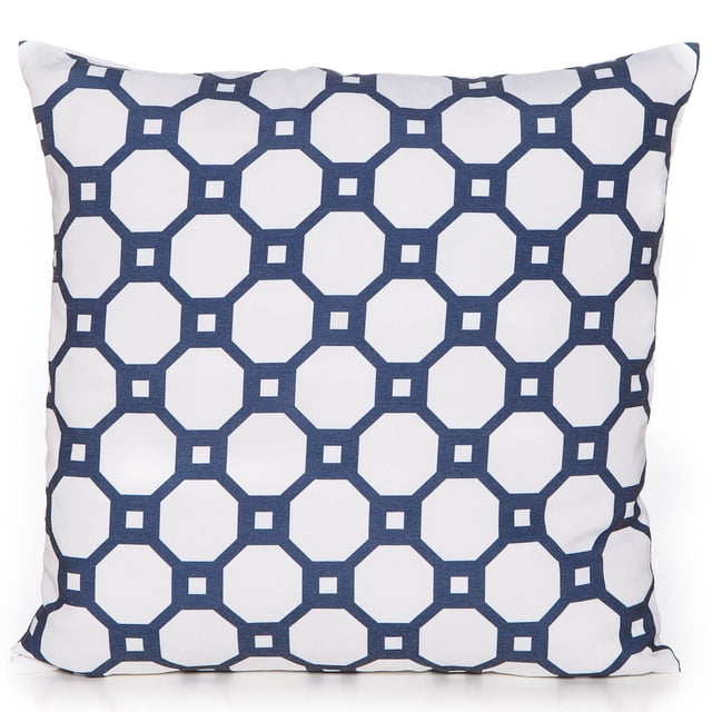 Gouchee Design Soho Cushion, a 20 by 20 inch decorative throw pillow with a white poly-cotton shell printed in navy blue geometric octagons connected by small squares, filled with 100% down feathers and featuring a zipper closure for easy shell removal and washing, suitable for home décor and accent seating.