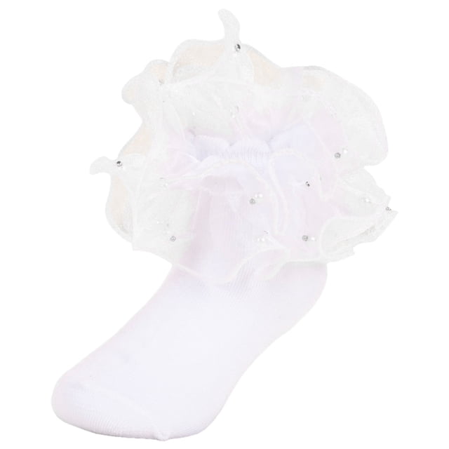 WUANDIXFA Ruffle Ankle Socks Baby Girl Pearl Girls Baby Socks Solid Color Combed Cotton Lace Princess Socks Performance Dance Socks White,4-6 Years