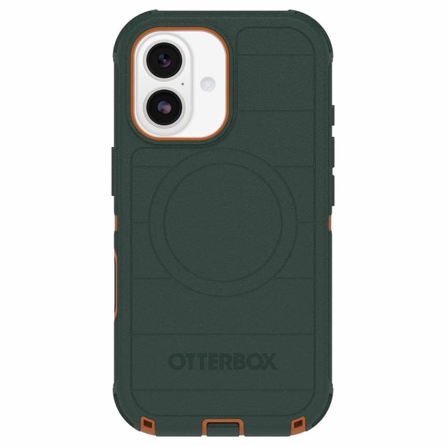OtterBox Étui Defender Pro MagSafe avec Contrôle de Caméra Coopersmith (Vert) pour iPhone 17, Montré à l'Arrière avec un design Texturé Vert Foncé à Trois Couches avec Coins Renforcés, accents orange Autour de l'Appareil Photo et Bords Inférieurs, Anneau Magnétique MagSafe Intégré, et une Découpe de Contrôle Précis de l'Appareil Photo pour une protection contre les Chutes de Qualité Militaire et une Prise Améliorée.