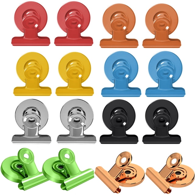 16 Pack Magnetic Clips for Fridge by RIFESHOW, featuring heavy-duty, scratch-free metal clips in multicolour. Includes 16 pieces in 8 colours: black, silver, red, blue, yellow, green, golden, and orange. Each clip measures 1.2 inches wide (31mm) and can hold up to 1 lb, ideal for organizing notes, photos, calendars, and schedules on refrigerators, whiteboards, or other metallic surfaces. Made of stainless steel with smooth edges for durability and safety.