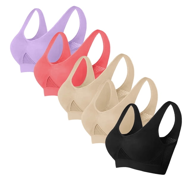 Timegard 5pc Sports Bras for Women Plus Size Wireless Full Coverage Breathable Mesh Comfortable Workout Bra