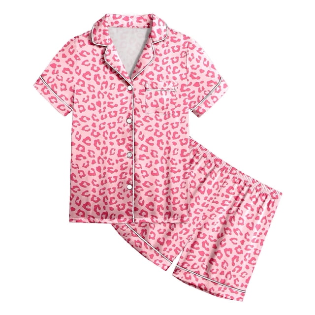 Ensemble de Pyjama en Satin pour Filles Imprimé Manches Courtes Boutonné Hauts Unis Ensemble T-Shirt Tenue d'Intérieur Classique Pyjama pour Filles Garçons Filles Mode