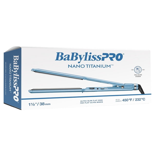 Nano-Titanium 1-1/2" Plate Ultra Slim Flat Iron in light blue with nano titanium and ceramic-coated plates, dual voltage for travel, heats up to 450°F (232°C), ultra-slim design with swivel cord for flexible, fast hair straightening.