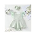 thumbnail image 2 of Faithtur Newborn Girl Romper Outfits, Sleeveless Lace Patchwork Solid Color Dress Style Romper + Cute Headband Set, 2 of 9
