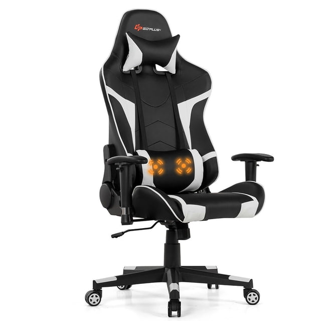 Chaise de Jeu de Massage Goplus Inclinable Pivotante de Course Chaise de Bureau avec Soutien Lombaire Blanc