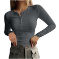 thumbnail image 1 of Yuyuzo Womens Long Sleeve Shirts Round Neck Buttons Solid Color Slim Fitted Basic Going out Tops, 1 of 7