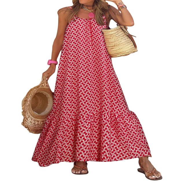 MesaSe Femmes Boho Floral Sans Manches Maxi Robe Décontractée Couches Libre Vacances Plage Bohème Longues Robes
