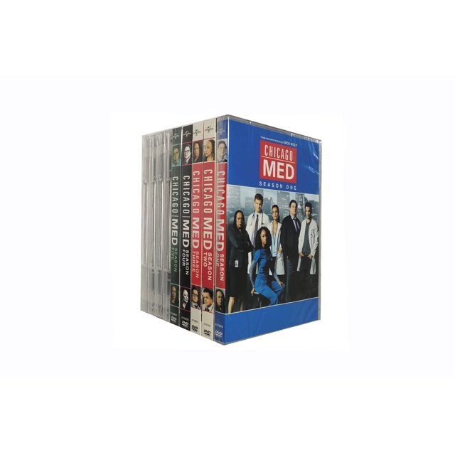 Chicago Med: The Complete Series Season 1-9 (DVD) box set featuring all nine seasons of the medical drama. The image shows the DVD cases arranged in a slightly angled stack, with the cover of Season One prominently displayed. The cover features the title 'Chicago Med' in bold red and white text, along with an image of the main cast in medical attire against a cityscape background.