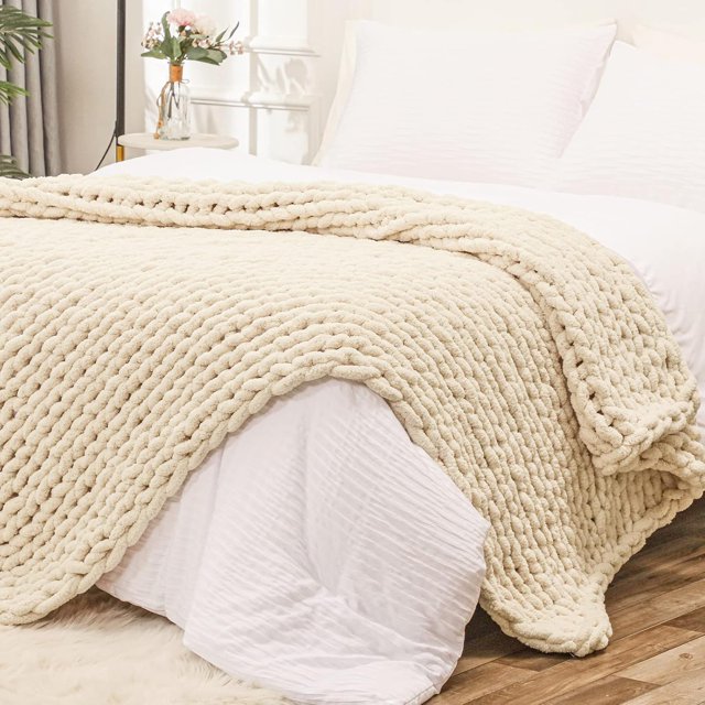 Chunky Knit Blanket Throw x Hand Knitted Chenille Throw Blanket Small Soft Thick Yarn Cable Knit Blanket Cute Rope Knot Crochet Throw Blankets for Couch Bed Sofa (Light )