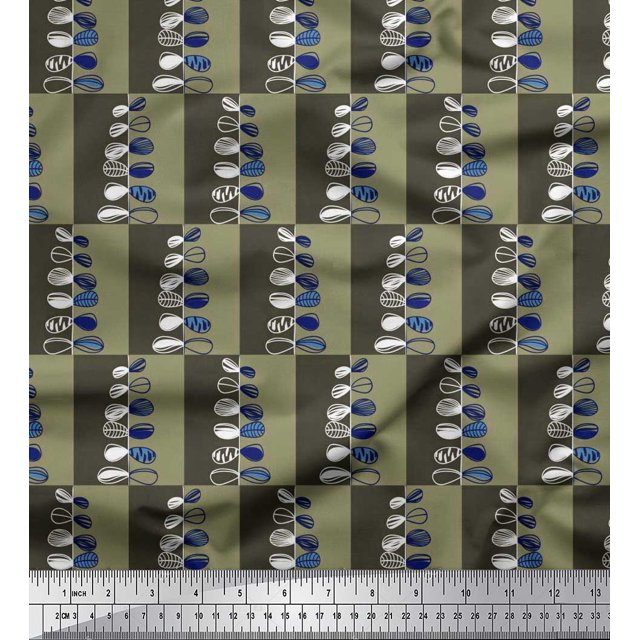 Soimoi polyester Crepe Fabric Check & Leaves Artistic Printed Fabric 1 Yard 42 Inch Wide