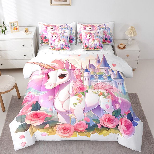 Ensemble de Literie « Bed in a Bag » Pink Unicorn Taille Très Grand 7 Pcs, Ensembles de Literie Fleurs de Rose Drap-Housse Château de Rêve, Mignon Ensemble de Draps Dessin Animé Cheval Animal avec Couette