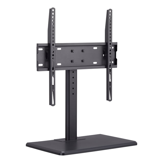 Onn. 32 in.–65 in. swivel TV base in matte black metal with a flat rectangular base and vertical support column featuring multiple VESA mounting holes, supporting flat panel TVs or monitors up to 77 lbs and swiveling ±35° for adjustable viewing angles.