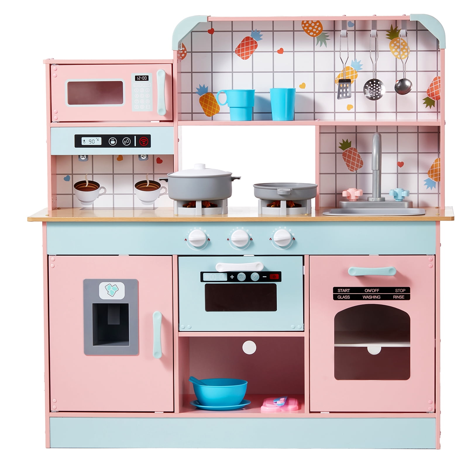 KFFKFF Children's Cooking Center, Interactive Wood Kitchen Playset with Lighting & Sound Effects,Includes Ice Machine, Stove, Basin, Microwave,Refrigerator, Food&Utensil Toys for Kids 3-8 Years,Pink