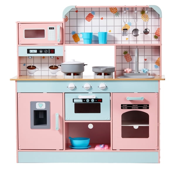KFFKFF Children's Cooking Center, Interactive Wood Kitchen Playset with Lighting & Sound Effects,Includes Ice Machine, Stove, Basin, Microwave,Refrigerator, Food&Utensil Toys for Kids 3-8 Years,Pink
