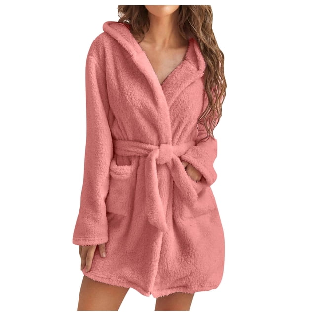 AherBiu Plus Size Robes for Women, a fuzzy fleece lightweight bathrobe in soft pink. This plush warm mini robe features a tie belt, two front pockets, and is perfect for plus size sleepwear or cozy loungewear.