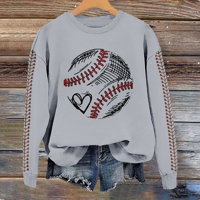 IMENGL Spring baseball print crew neck hooded sweatshirt long, Gray XL, Size M-2XL