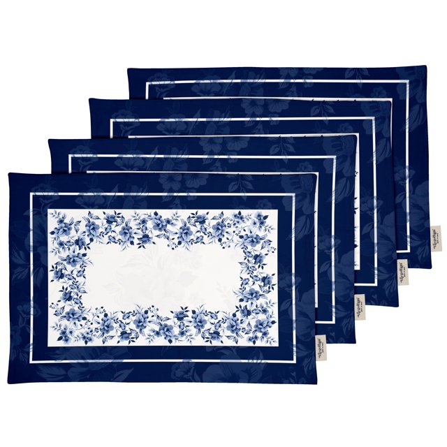Vargottam Napperons - Napperon pour Table à Manger, Ensemble de 4 - Serviette en Coton Imprimée et Réversible - Napperons d'Intérieur pour Table de Salle à Manger à la Maison et en Cuisine - Aquarelle Florale Monochrome (Bleu Moyen)