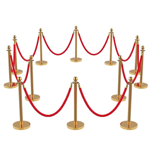 Crowd Control Stanchion Barrier Set Available in 8 Pack or 12 Pack, Gold Finish Posts with 5 Foot Red Velvet Ropes, Red Carpet Stanchions for Wedding, Party, Banquet and Trade Show Exhibition