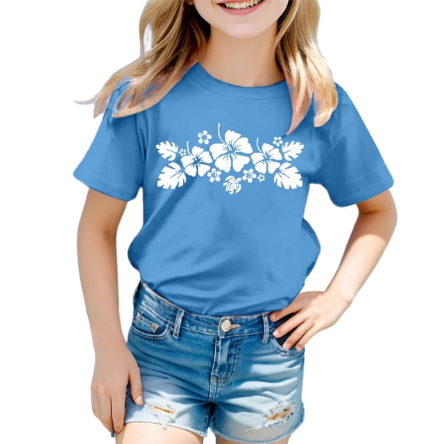 PMVFHDE Hauts à Manches Courtes pour Fille T-Shirts Graphiques pour Fille T-Shirts Amples d'Été pour Fille T-Shirts Originaux Garçon et Fille Imprimé Col Rond Manches Courtes T-Shirt Bleu Ciel, 8-9 Ans