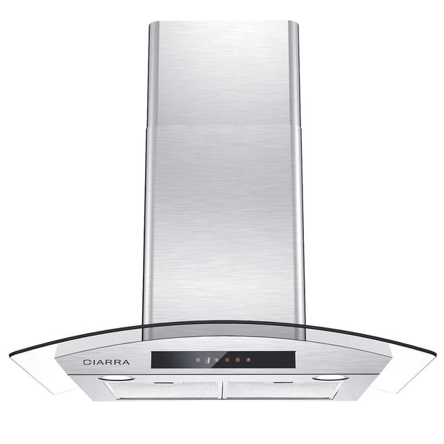 30-inch wall mount range hood with 450 CFM airflow, featuring a stainless steel finish and tempered glass canopy. Includes soft touch controls for adjusting 3 fan speeds, LED lighting, and a 5-layer aluminum mesh filter for grease filtration. Designed for ducted or ductless installation with a 6-inch exhaust outlet. Accessories include adjustable chimney covers and energy-efficient LED lights.