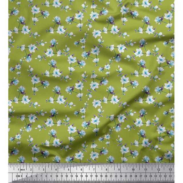 Soimoi polyester Crepe Fabric Leaves & Magnolia Floral Decor Fabric Printed Yard 52 Inch Wide